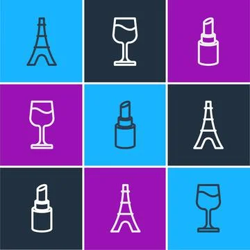 Set line Eiffel tower, Lipstick and Wine glass icon. Vector Illustrazione stock