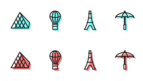 Set line Eiffel tower, Louvre glass pyramid, Hot air balloon and Umbrella for Stock-Illustration