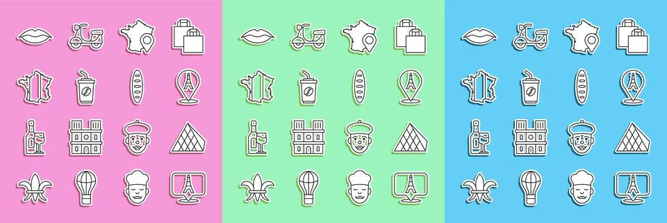 Set line Eiffel tower, Louvre glass pyramid, Map of France, Coffee cup go イラスト素材