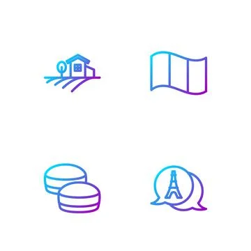 Set line Eiffel tower, Macaron cookie, Village landscape and Flag France Stock Illustration