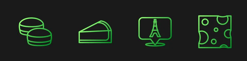 Set line Eiffel tower, Macaron cookie, Cherry cheesecake slice and Cheese Stock Illustration