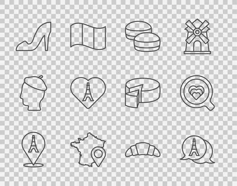 Set line Eiffel tower, Macaron cookie, Map of France, Woman shoe, with heart 스톡 일러스트