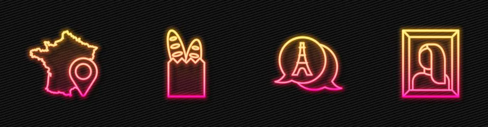 Set line Eiffel tower, Map of France, French baguette bread and Portrait picture 스톡 일러스트