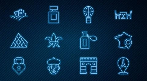 Set line Eiffel tower, Map of France, Hot air balloon, Fleur De Lys, Louvre Stock Illustration