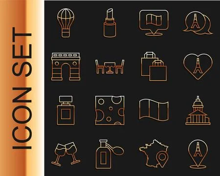 Set line Eiffel tower, Museum building, with heart, Flag France, French caf.. Ilustración de archivo