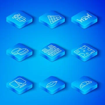 Set line Eiffel tower, Notre Dame de Paris, Smiling lips, Cheese, French cafe Illustrazione stock