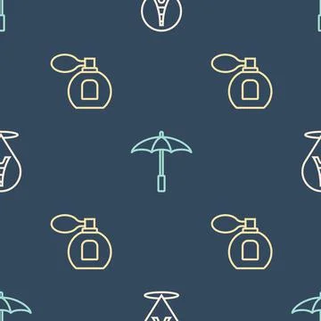 Set line Eiffel tower, Perfume and Umbrella for beach on seamless pattern Stock Illustration