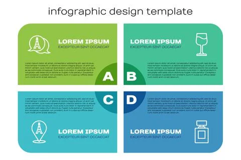 Set line Eiffel tower, Perfume and Wine glass. Business infographic template Stock Illustration