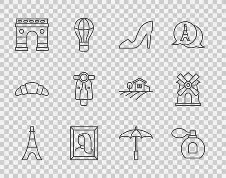 Set line Eiffel tower, Perfume, Woman shoe, Portrait picture in museum Stock Illustration