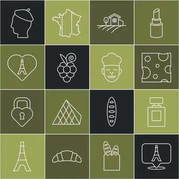 Set line Eiffel tower, Perfume, Cheese, Village landscape, Grape fruit, wit.. 스톡 일러스트