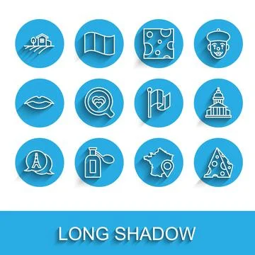 Set line Eiffel tower, Perfume, Village landscape, Map of France, Cheese, C.. Stock Illustration