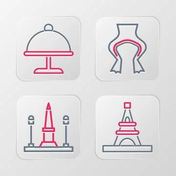 Set line Eiffel tower, Place De La Concorde, Frog legs and Covered with tra.. Illustrazione stock