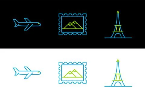 Set line Eiffel tower, Plane and Postal stamp and Mountains icon. Vector Stock Illustration