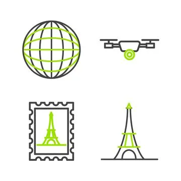 Set line Eiffel tower, Postal stamp and, Drone flying with action video camera Stock Illustration