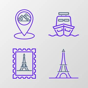 Set line Eiffel tower, Postal stamp and, Ship and Map pointer with Egypt py.. 스톡 일러스트