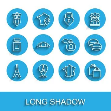 Set line Eiffel tower, Scooter, Map of France, Paper shopping bag, Croissant Stock-Illustration