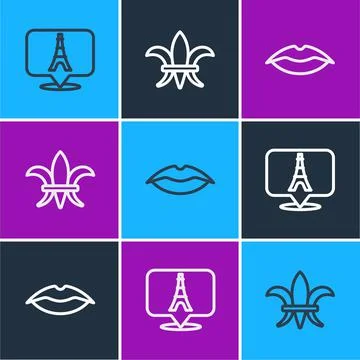 Set line Eiffel tower, Smiling lips and Fleur De Lys icon. Vector Stock Illustration