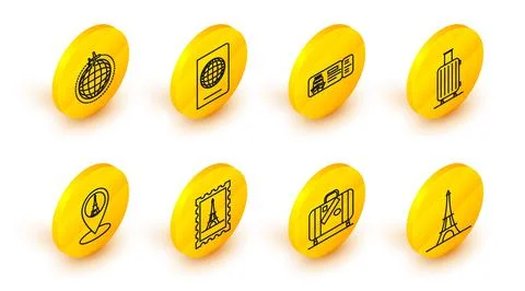 Set line Eiffel tower, Suitcase for travel and stickers, Postal stamp, Map 스톡 일러스트