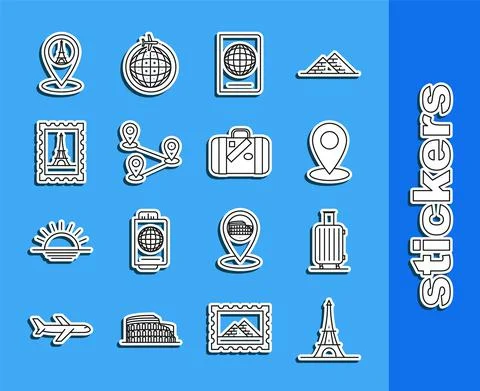 Set line Eiffel tower, Suitcase for travel, Map pin, Passport with biometric 스톡 일러스트