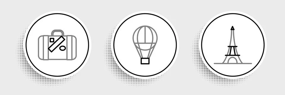 Set line Eiffel tower, Suitcase for travel and stickers and Hot air balloon icon Illustration
