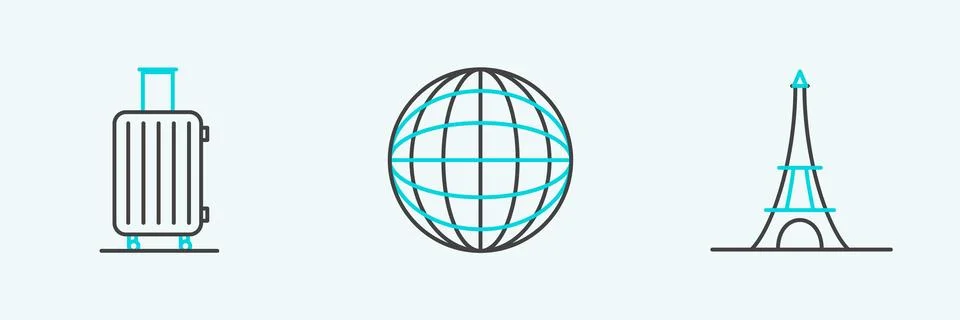 Set line Eiffel tower, Suitcase for travel and Earth globe icon. Vector Illustration