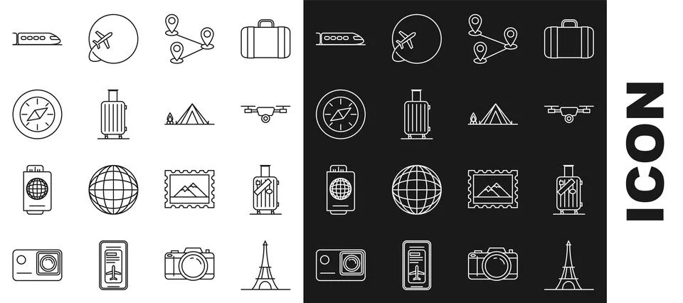 Set line Eiffel tower, Suitcase for travel and stickers, Drone flying with .. Stock Illustration