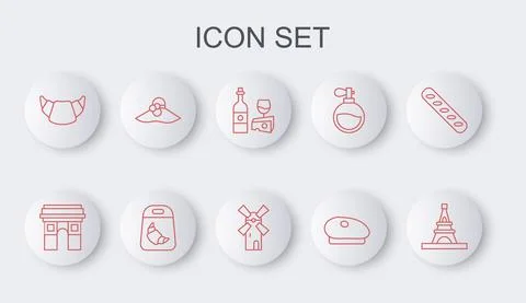 Set line Eiffel tower, Triumphal Arch, Wine bottle with cheese, French beret Stock Illustration