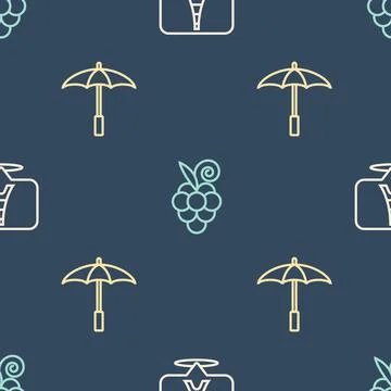 Set line Eiffel tower, Umbrella for beach and Grape fruit on seamless pattern Stock Illustration