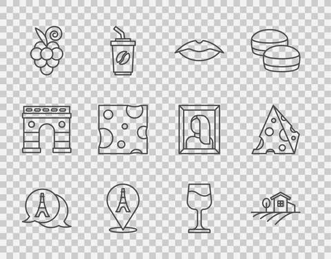 Set line Eiffel tower, Village landscape, Smiling lips, Grape fruit, Cheese Stock Illustration
