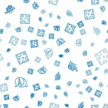 Set line Eiffel tower, Village landscape and Cheese on seamless pattern. Vector Stock Illustration