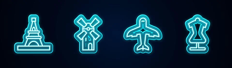 Set line Eiffel tower, Windmill, Plane and Mannequin. Glowing neon icon. Vector Stock Illustration