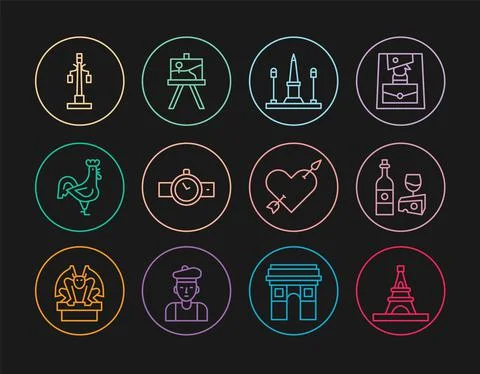 Set line Eiffel tower, Wine bottle with cheese, Place De La Concorde, Wrist Stock Illustration