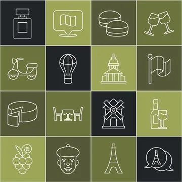 Set line Eiffel tower, Wine bottle with glass, Flag France, Macaron cookie, Hot Stock Illustration
