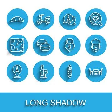 Set line Eiffel tower, Wine bottle with glass, Croissant, French baguette bread Stock Illustration