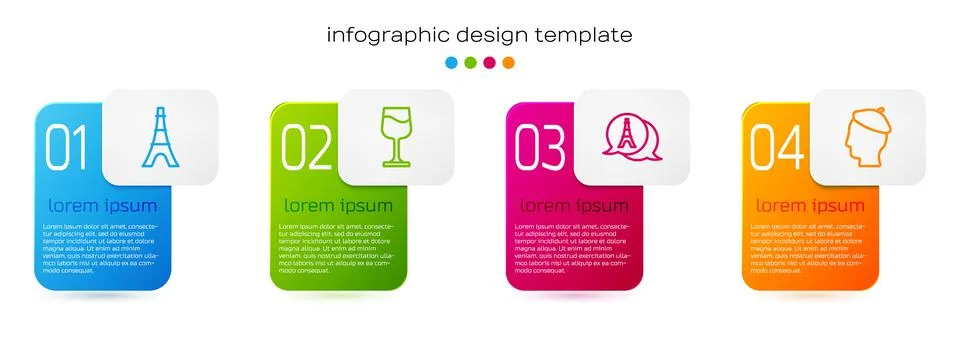 Set line Eiffel tower, Wine glass, and French man. Business infographic template Stock Illustration