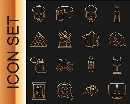 Set line Eiffel tower, Wine glass, Cook, Windmill, Louvre pyramid, French mime Stock Illustration