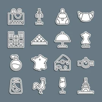 Set line Eiffel tower, Wrist watch, Mannequin, Handbag, Louvre museum, Notre Stock Illustration