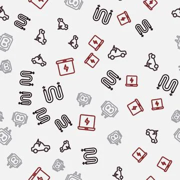 Set line Electric cable, car, Tee plug electric and Laptop on seamless pattern Stock Illustration