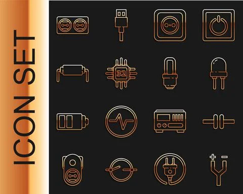 Set line Electric cable, circuit scheme, Light emitting diode, Electrical outlet Stock Illustration