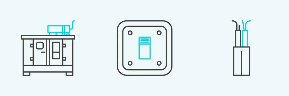 Set line Electric cable, Diesel power generator and light switch icon. Vector Stock Illustration