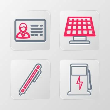 Set line Electric car charging station, Pen, Solar energy panel and Identif.. Stock Illustration