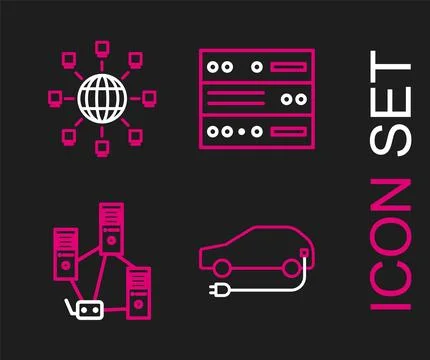 Set line Electric car, Computer network, Server, Data, Web Hosting and Social Illustrazione stock