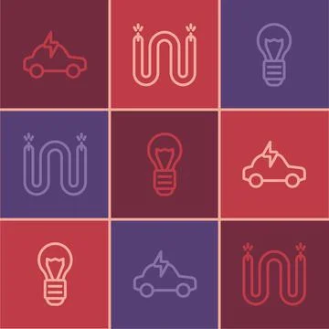 Set line Electric car, Creative lamp light idea and cable icon. Vector 스톡 일러스트