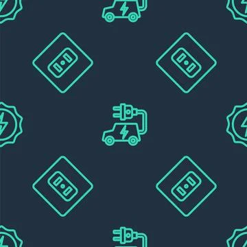 Set line Electric car, Electrical outlet and Lightning bolt on seamless pattern Stock Illustration