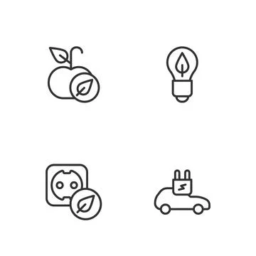 Set line Electric car, Electrical outlet, Apple and Light bulb with leaf icon Stock-Illustration