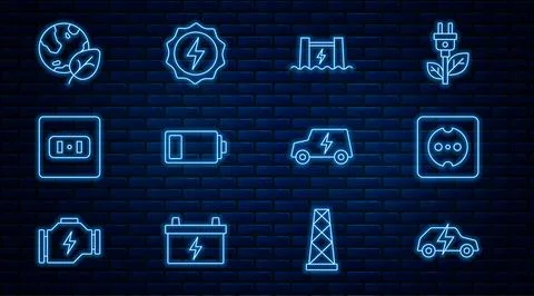 Set line Electric car, Electrical outlet, Hydroelectric dam, Battery, Earth Stock Illustration