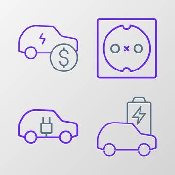 Set line Electric car, Electrical outlet and price icon. Vector Stock Illustration