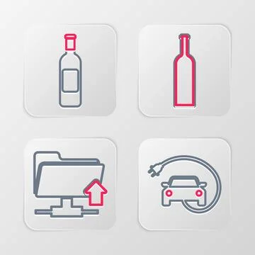 Set line Electric car, FTP folder upload, Bottle of wine and icon. Vector Stock Illustration