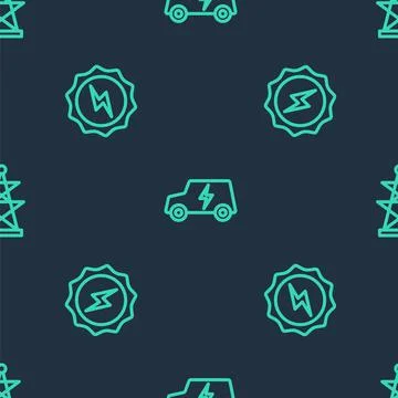 Set line Electric car, Lightning bolt and tower on seamless pattern. Vector Stock Illustration