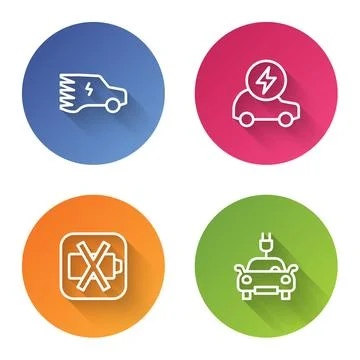 Set line Electric car, Low battery and . Color circle button. Vector Stock Illustration